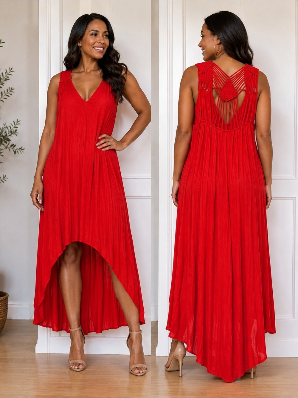 Stunning Red High-Low Maxi Dress with Macramé Back Detail
